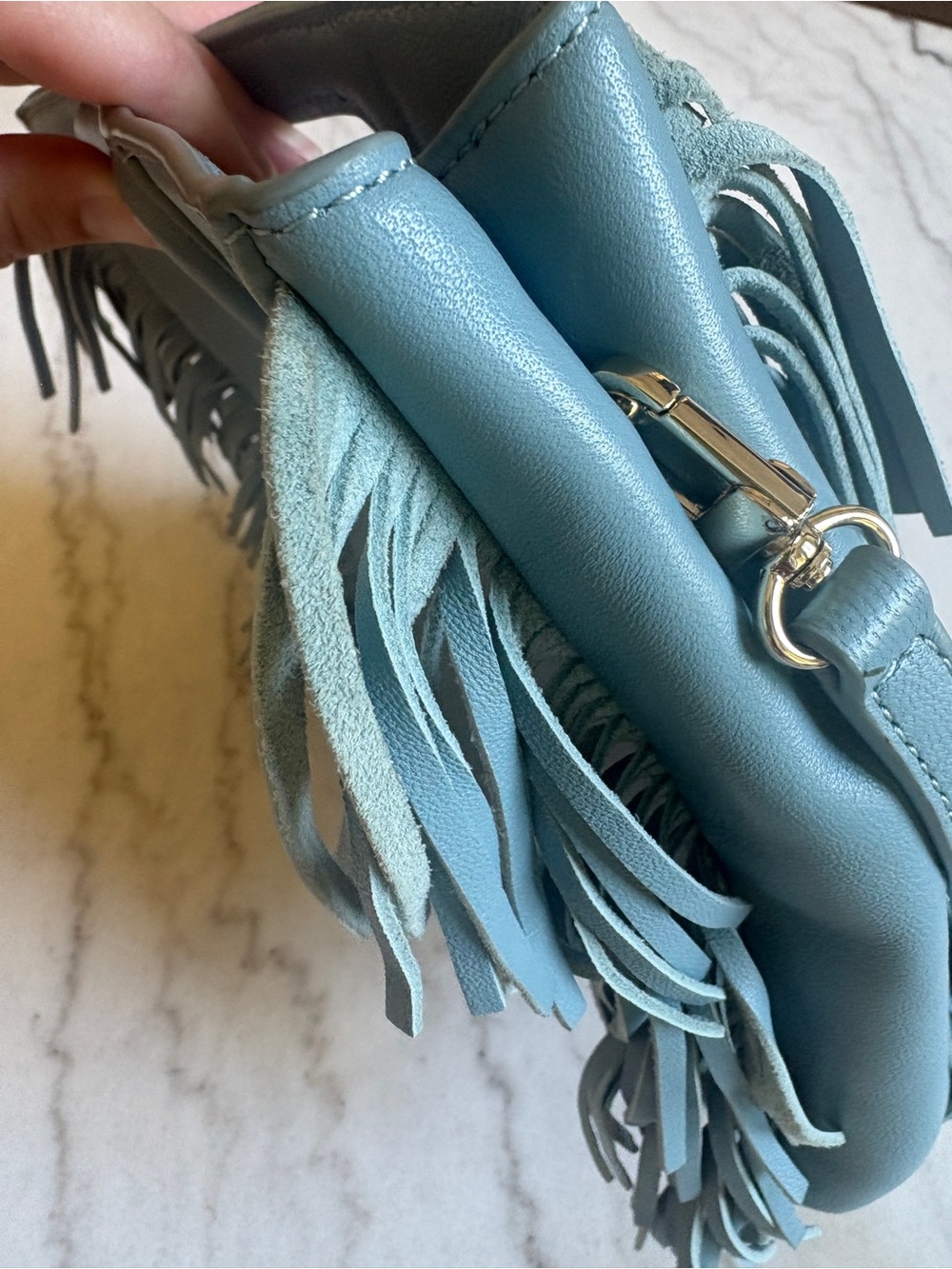 Maje M Bag - Light Blue Fringe Leather Clutch or Crossbody - Picture 8 of 13